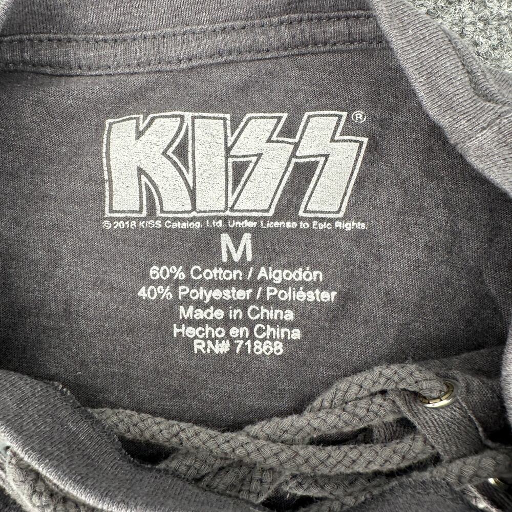 Distressed Heavy Metal Rock Band T-Shirt Women's M KISS Lace Up V-Neck Gray - Picture 7 of 7